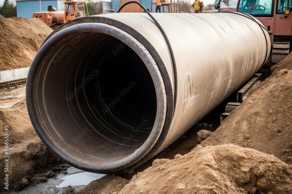 Pipes installing concrete tunnel. Sewer tubes drain canal waste. Generate Ai Pipes installing concrete tunnel. Sewer tubes drain canal waste. Generate Ai