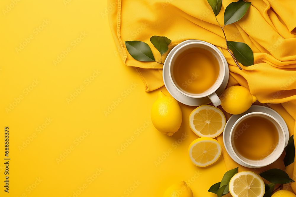 lemon tea in a large cup on a yellow background with a yellow blanket and lemons. copy space. top view. flat lay.	 - obrazy, fototapety, plakaty 