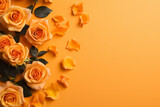 bright universal festive floristic frame of peach and orange roses and confetti on a bright orange background. place for text. copy space. top view. flat lay	