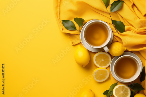 lemon tea in a large cup on a yellow background with a yellow blanket and lemons. copy space. top view. flat lay. 