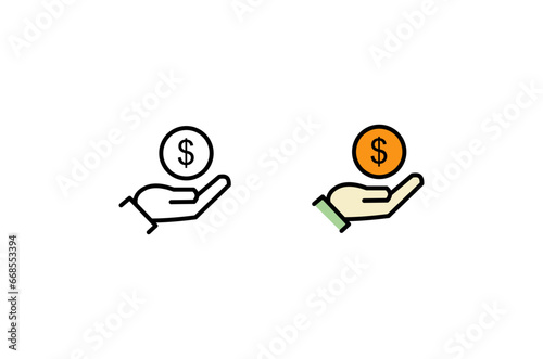 Money donation hand line icon. linear style sign for mobile concept and web design. Hand give coin outline vector icon. Symbol, logo illustration. Vector graphics