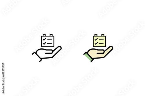 Hand holding paper document. Flat line vector icon for mobile application, button and website design. Illustration isolated on white background.