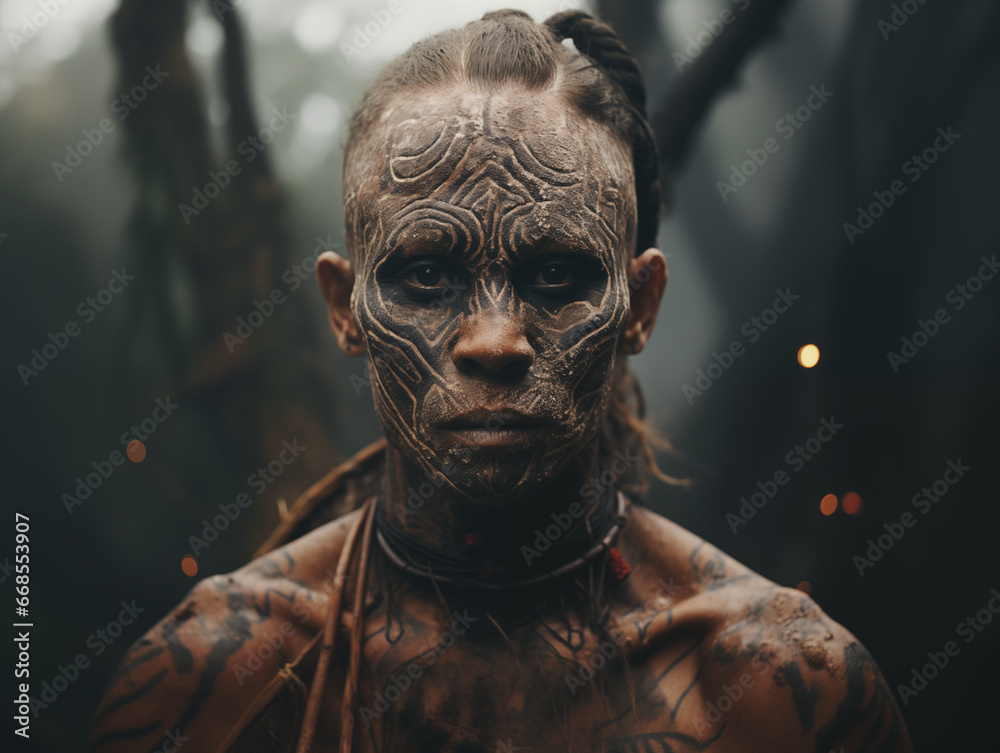 Primitive ancient young man with tattoos on his face. Generative AI Primitive ancient young man with tattoos on his face. Generative AI