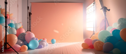 Birthday theme photo studio with balloons with orange background photo