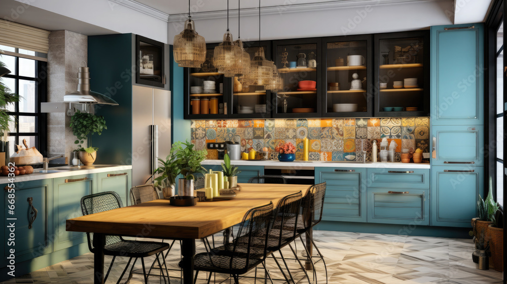 Eclectic home interior kitchen, A mix of various styles and periods, allowing for a diverse and personalized look that reflects individual tastes