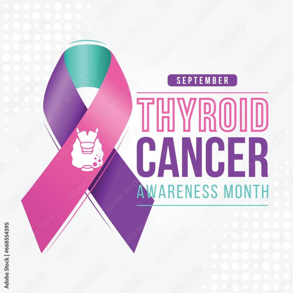 Obraz premium Thyriod Cancer Awareness Month - Text and Thyroid Cancer sign on blue pink and teal ribbon cancer awareness vector design
