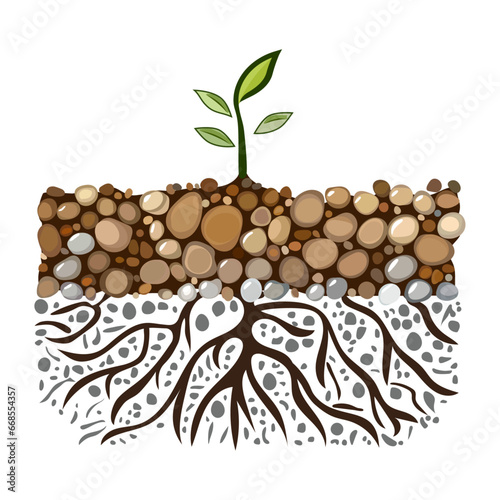 Sprout with root system in soil isolated on white background. Young green plant with roots. Dirt layers, stone and root. Cross section ground slice. Underground layers of earth and groundwater. Vector