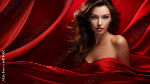 Beautiful young woman with luxurious red silk