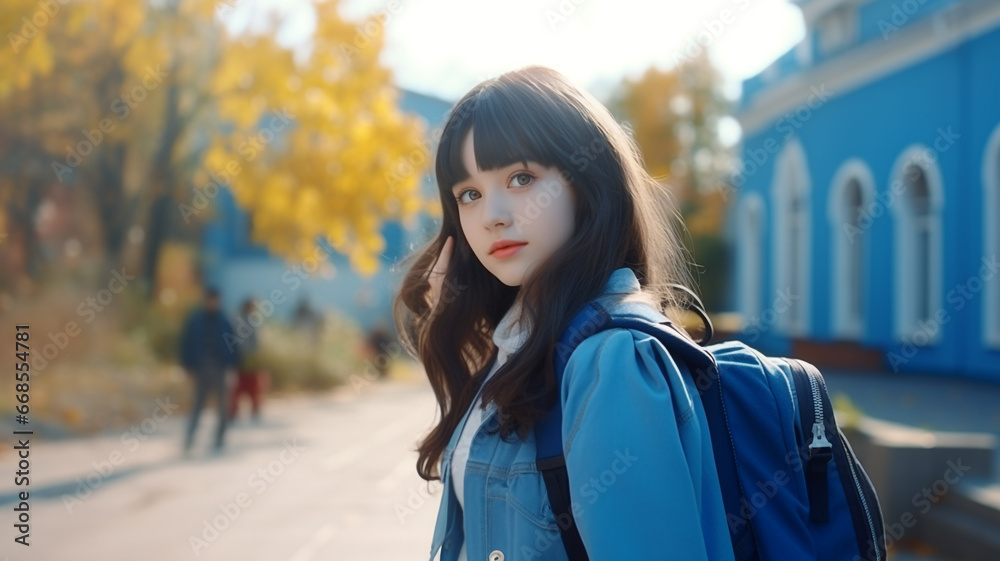 Black hair girl wearing a blue backpack go to school