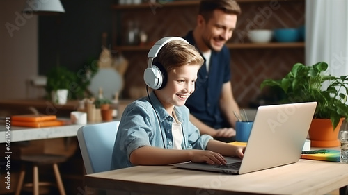 Boy in headphones is using laptop and studying online at home. photo