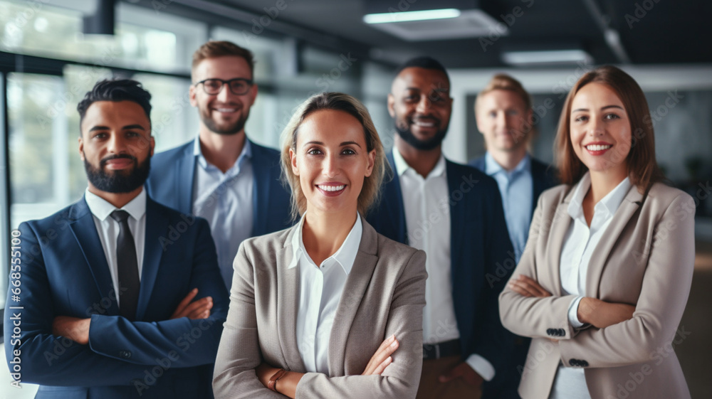 Portrait of a diverse group successful business team people standing together after a successful discussion in the office. Portrait of a diverse group successful business team people standing together after a successful discussion in the office.