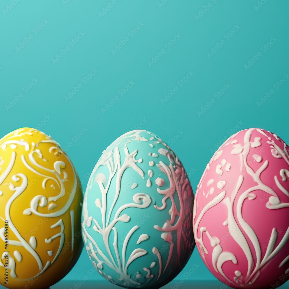 Fototapeta premium Easter eggs of pastel colors on a blue background. illustration in 3D style with place for text