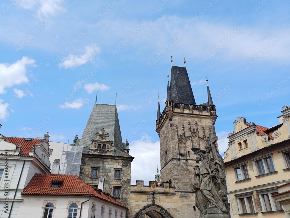 Lesser Town Bridge Tower (or Mala Strana Bridge Tower) in Prague city, Czech Republic. The tower serves as the entrance to Lesser town from the Charles Bridge