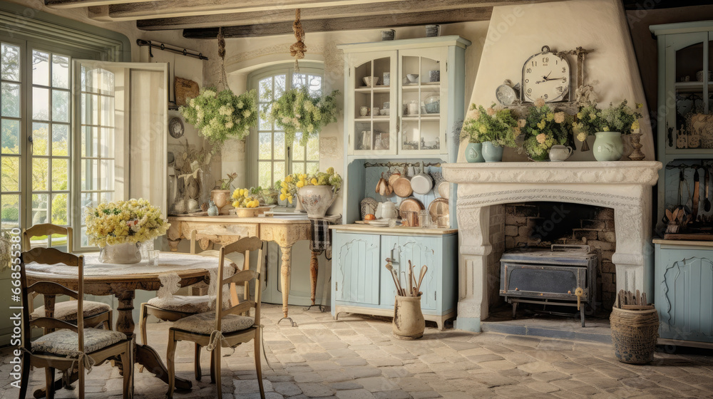 French Country home interior kitchen, Reflecting the rural regions of France, it includes light colors, rustic furniture, Toile-de-Jouy fabrics, and vintage items