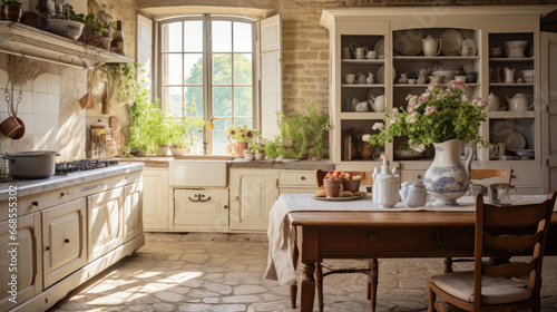 French Country home interior kitchen, Reflecting the rural regions of France, it includes light colors, rustic furniture, Toile-de-Jouy fabrics, and vintage items