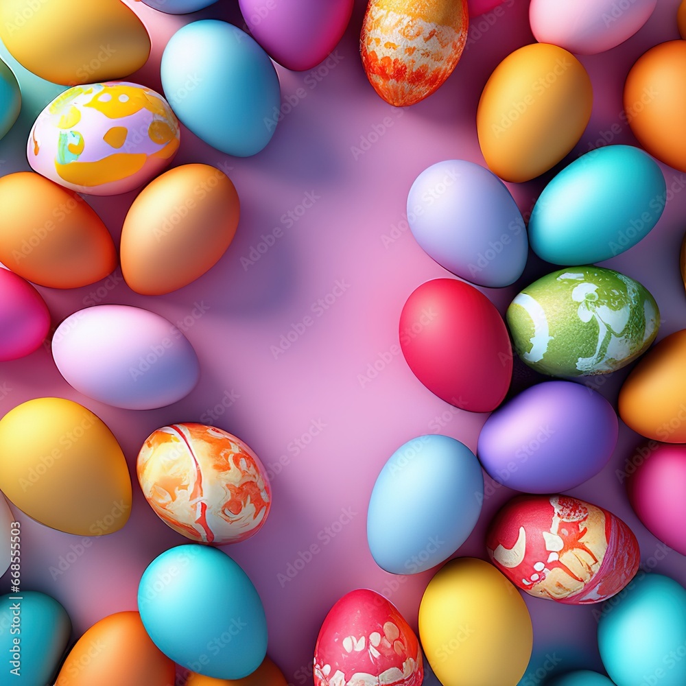 Easter eggs of pastel colors on a pink background. illustration in 3D style