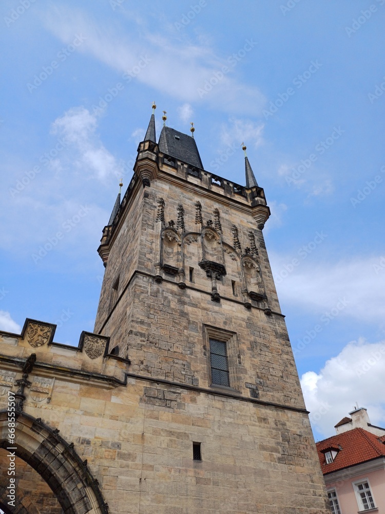 Lesser Town Bridge Tower (or Mala Strana Bridge Tower) in Prague city, Czech Republic. The tower serves as the entrance to Lesser town from the Charles Bridge