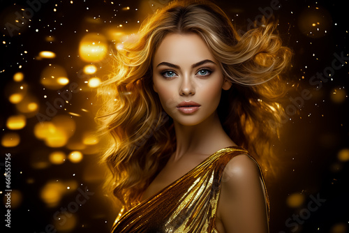Fashion model woman in golden bright sparkles.
