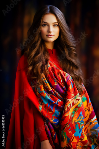 Young woman with long hair wearing red dress.