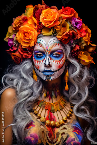 Young woman lady in death makeup Mexican carnival.