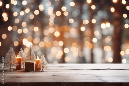 christmas theme of empty brown wooden board table with abstract night light bokeh background, copy space for display of product or montage object presentation, Generative AI
