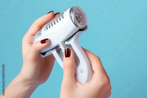 Woman modern epilator on blue background. Care body epilation with home tool. Generate Ai