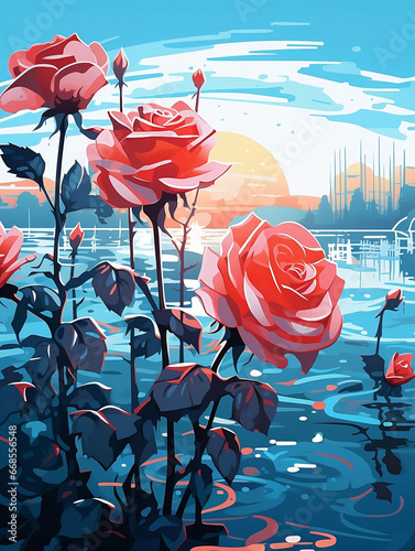An illustration of roses in the style of vibrant postmodernism, Generative AI