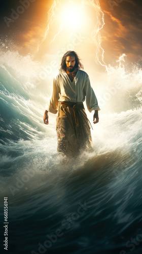 Jesus Christ our Savior walking on turbulent waters under the storm in rescue of humanity Generative AI Illustration