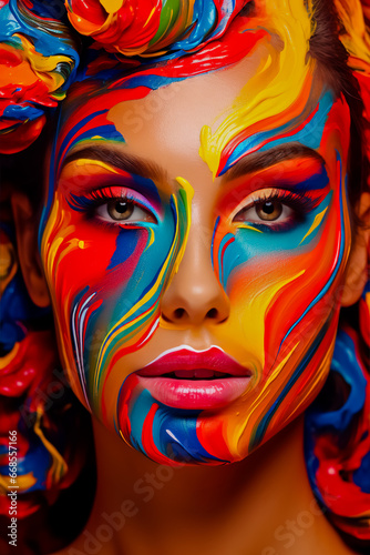 Slim woman's face is painted with multicolored face paint. © leo_nik