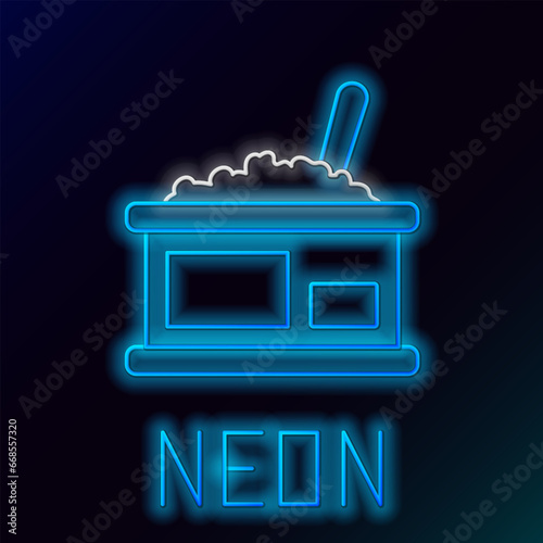 Glowing neon line Tin can with caviar icon isolated on black background. Colorful outline concept. Vector