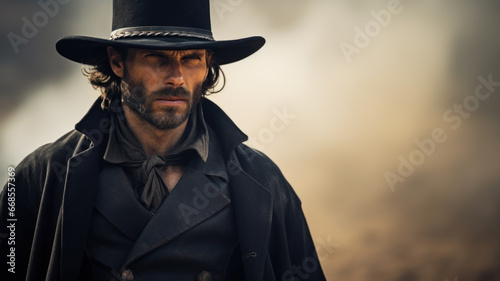Portrait of a cowboy with hat in western movie style. Blurry dusty background.