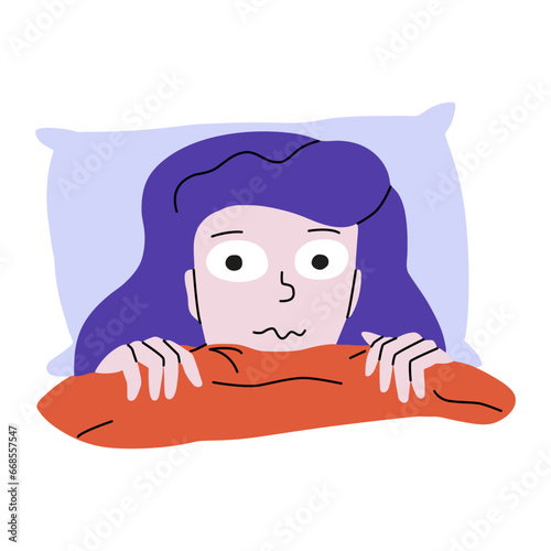 Scared girl hiding in bed. Cartoon vector Illustration in violet and orange colours isolated on white background