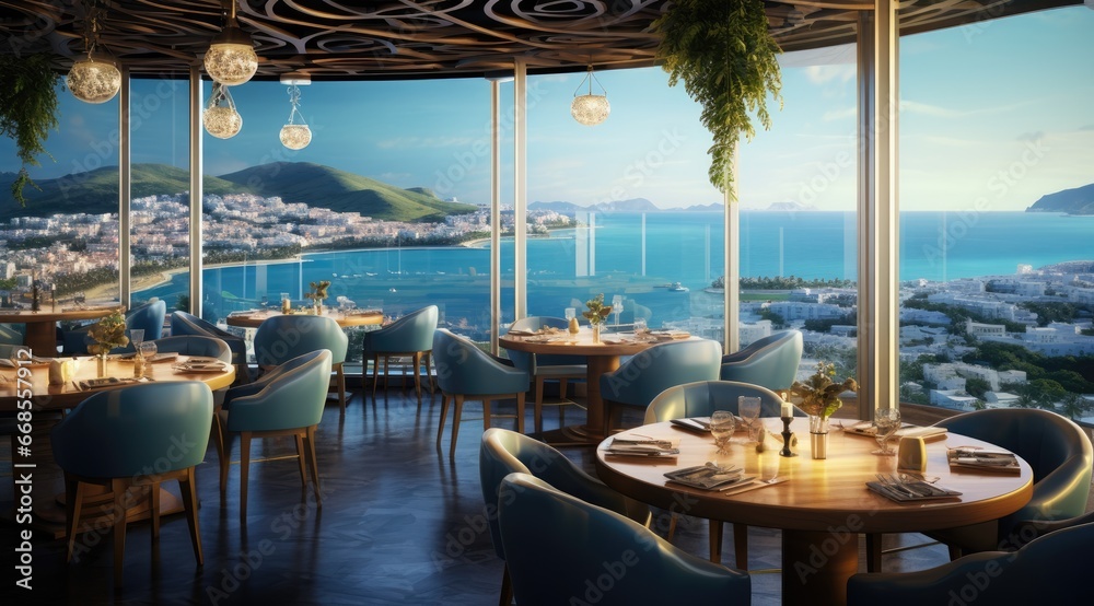 Panoramic hotel restaurant overlooking the ocean or cityscape. Generative AI - obrazy, fototapety, plakaty 