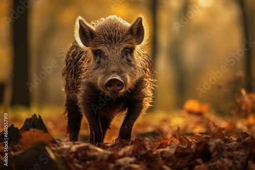 Lonely wild boar walks in forest. Generative AI © kardaska