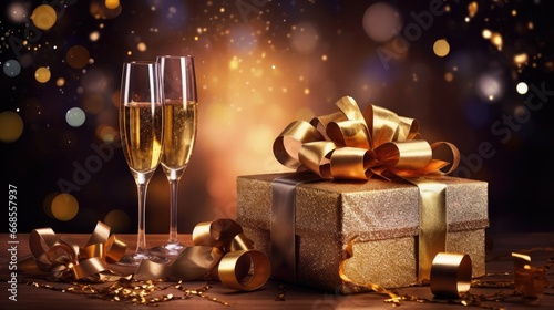 New years eve celebration background with champagne. Generative A © kardaska