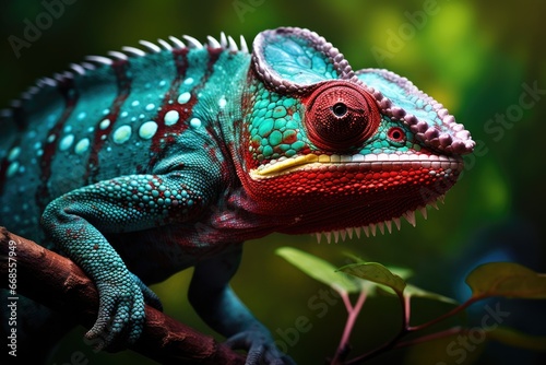 A colorful chameleon perched on a branch. Generative AI