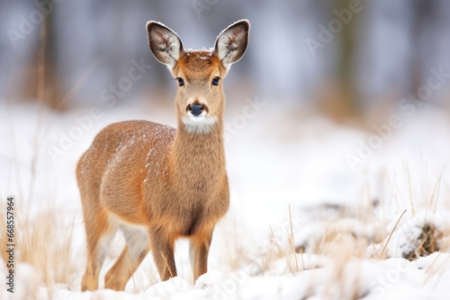 Doe standing on meadow in winter nature. Generative AI © kardaska