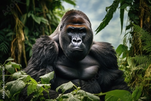 An amazing portrait of an endangered silverback mountain gorilla in wilderness. Generative AI © kardaska