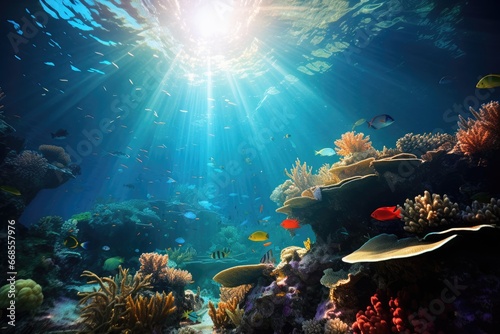 Exotic marine life and vibrant coral reefs. Generative AI © kardaska