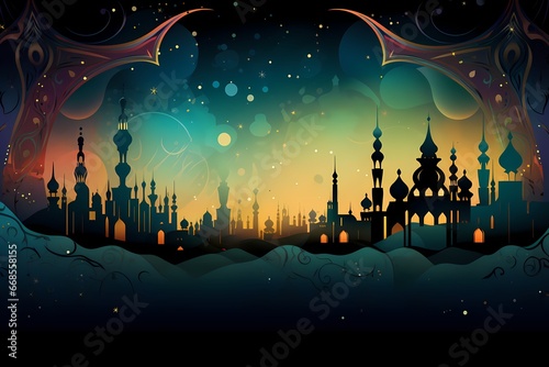 Dreamy Arabian night landscape at night fairy tale abstract background - generative ai