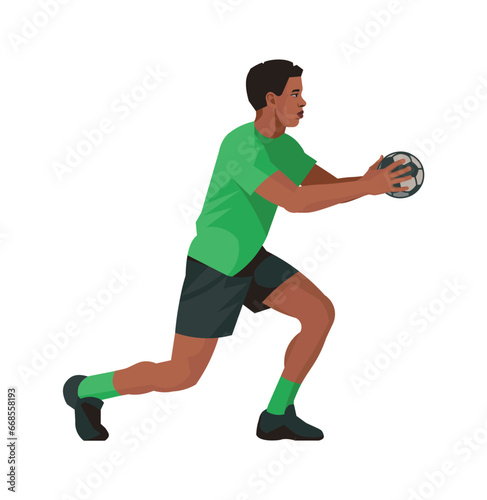 Mauritian handball player in a green T-shirt stands with one knee bent and holds the ball in his hands