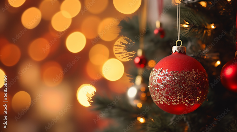 Christmas Tree With Ornament And Bokeh Lights. Ai generative. Christmas Tree With Ornament And Bokeh Lights. Ai generative.