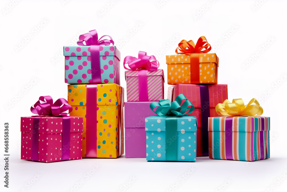 Obraz premium Clipart various-sized boxes wrapped in vibrant papers on white background.