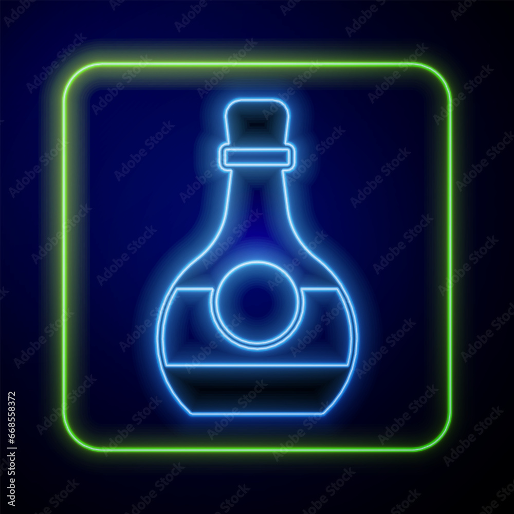 Glowing neon Bottle of cognac or brandy icon isolated on blue background. Vector