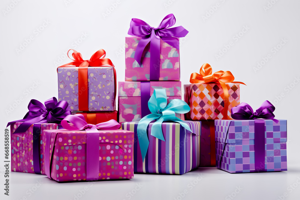Obraz premium Clipart various-sized boxes wrapped in vibrant papers on white background.