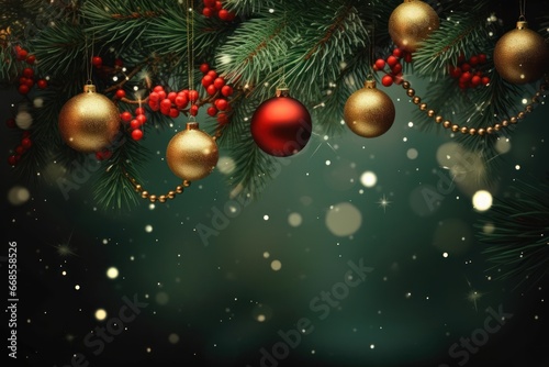 Top view of Christmas holiday festive ornament decoration with copy space background. Generative AI