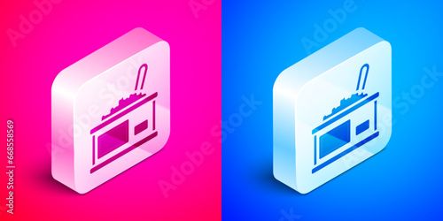 Isometric Tin can with caviar icon isolated on pink and blue background. Silver square button. Vector