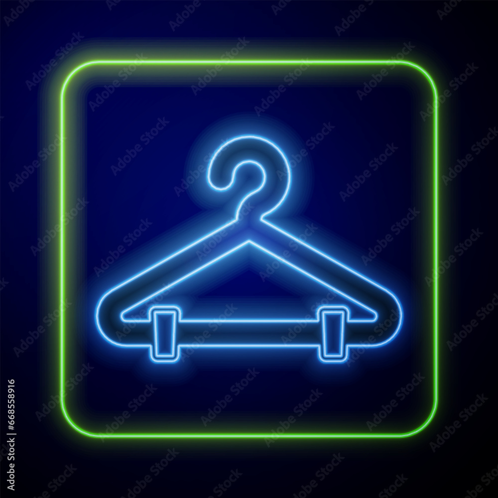 Glowing neon Hanger wardrobe icon isolated on blue background. Cloakroom icon. Clothes service symbol. Laundry hanger sign. Vector Glowing neon Hanger wardrobe icon isolated on blue background. Cloakroom icon. Clothes service symbol. Laundry hanger sign. Vector
