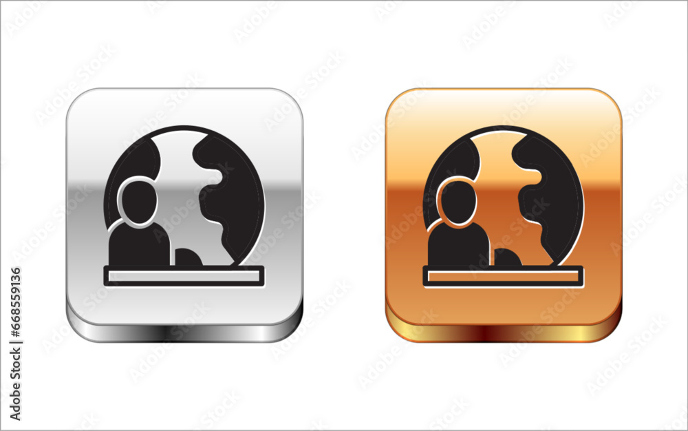 Black World news icon isolated on white background. Breaking news, world news tv. Silver and gold square buttons. Vector Black World news icon isolated on white background. Breaking news, world news tv. Silver and gold square buttons. Vector