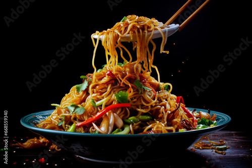 Fried noodles. Traditional Chinese dishes.